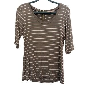Brown White Striped Knit Top Exposed Back Zip Elbow Sleeve USA Made Size L